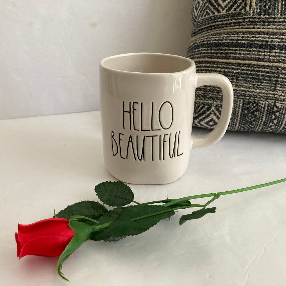 Rae Dunn White Ceramic Coffee Mug "Hello Beautiful" 16 oz.